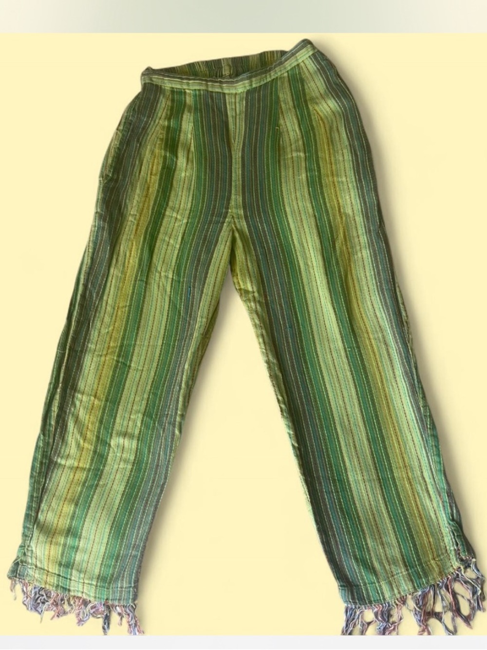 Vintage Fringe Green Striped Wide Leg Trouser Beach Pant Fringe Cuff